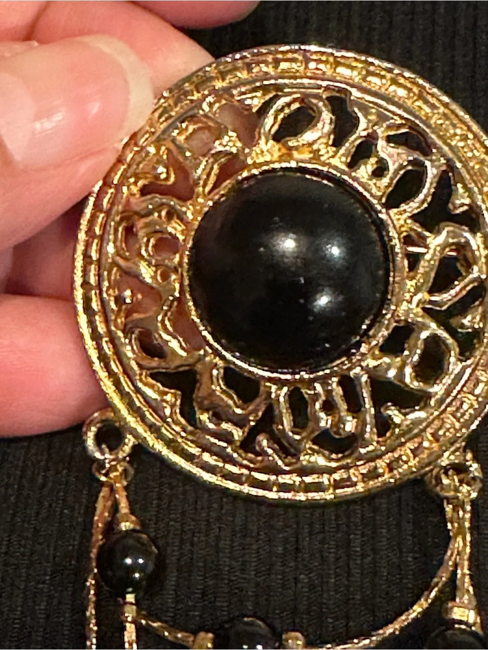 Vintage 1970s Victorian Revival Gold Tone Swag Brooch with Black Bead Dangles